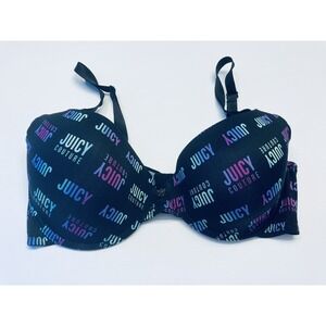 Juicy Couture T-Shirt Bra Women Size 36D Black Multicolor Logo Print Underwire